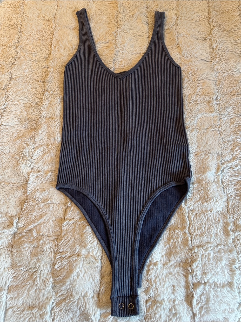 Aura Ribbed V-Neck One-Piece Bodysuit in Charcoal Gray